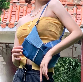 

Fashion women bag demin one shoulder small bag blue baguette zipper lady cute girl vintage messenger bag HI897H