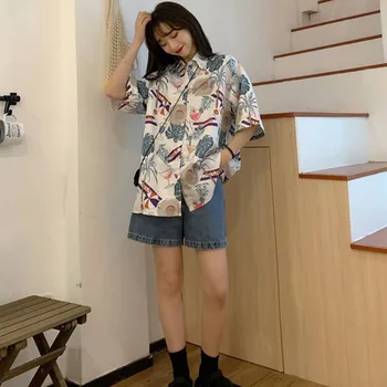 

Vintage Beach Style Printed Women's Blouse Casual Short Sleeve Loose Shirt Turn-down Collar Button Summer Beach Top
