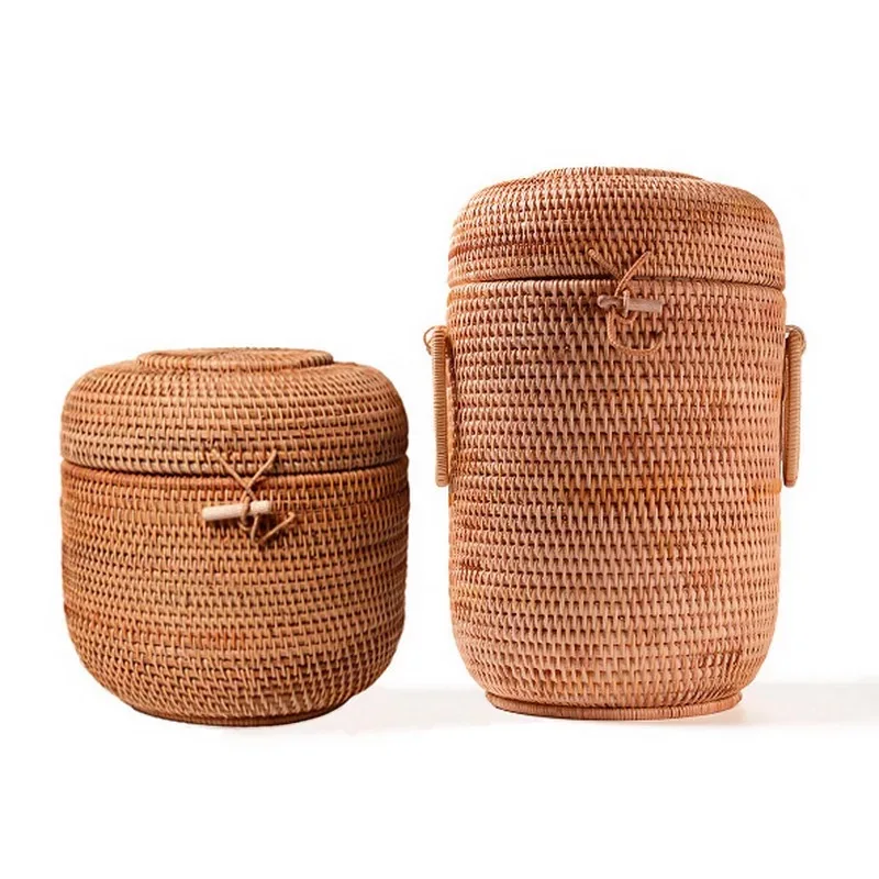 

Rattan storage box with lid round shape handmade jewelry boxes organizer Vietnam Rattan weaving bin for puerh tea food best gift