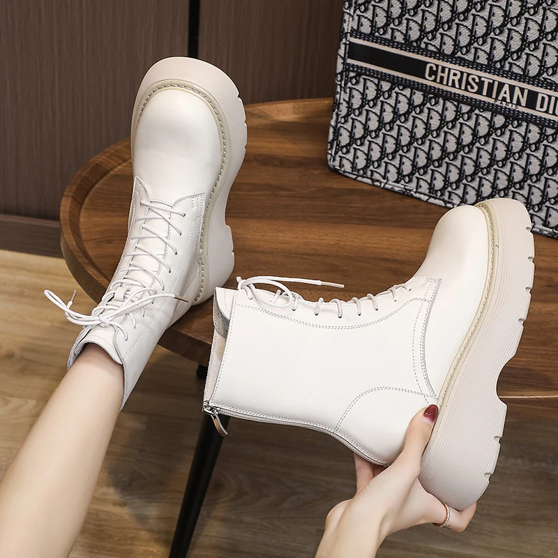 Botas tobilleras de cuero partido con gruesa para botines informales cómodos para motocicleta, Otoño, 2021|Botas hasta el - AliExpress