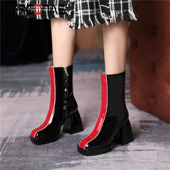 

VERCONAS Concise Fashion New Woman Mid-Calf Boots Patent Leather Autumn Winter Boots Platform High Heels Side Zipper Boots Woman