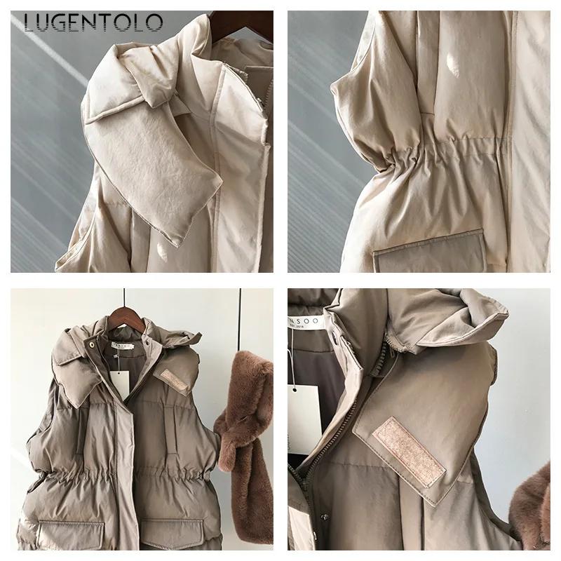 Lugentolo, женский жилет, зимнее пальто средней длины, корейский стиль, свободный, с капюшоном, на кнопках, на молнии, однотонный, Повседневный, утолщенный, теплый, модный, жилет