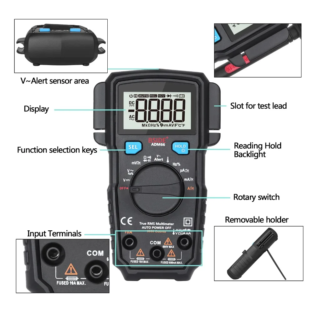 

Multi-Function Mini Digital Multimeter BSIDE ADM66 62 Auto Range True DC/AC Voltage Current Temperature Capacitance Diode Tester