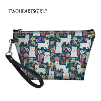 

Twoheartsgirls Westie Print Leather Cosmetic Bag Floral Dog Travel Organizer Toiletry Wash Pouch Bag for Women Makeup Bag