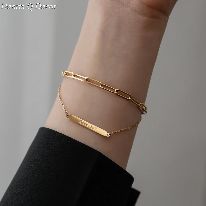 

Glam Titanium Good Luck Bar Layered Chains Bracelets 361L Stainless Steel Jewelry Women Chic Gown Sweet Boho Trendy OL Simply
