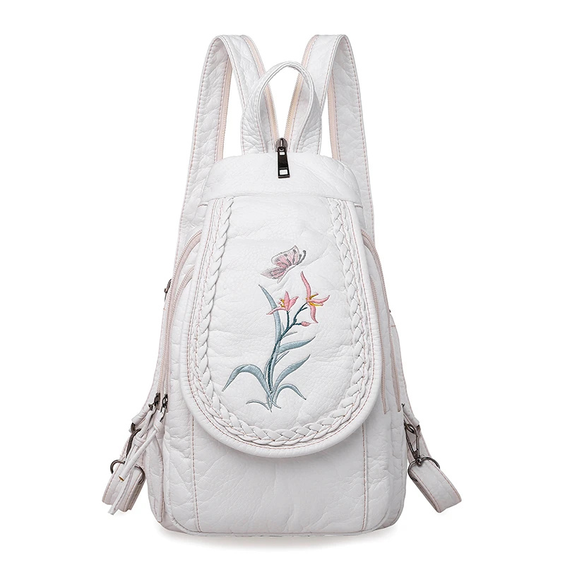 Женские кожаные рюкзаки для девочек Sac A Dos цветы вышивка кожаные рюкзаки женские нагрудные сумки школьные рюкзаки для девочек - Цвет: white style2