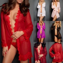 Womens Sleepwear Set Eyelash Lace Robe Sheer Mesh Kimono Nightgown Sexy Lingerie Womens Sleepwear Set Eyelash Lace Robe Sheer Mesh Kimono Nightgown Sexy Lingerie