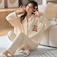 Autumn Women Pajamas Set Long Sleeve Trousers Ladies Sleepwear Cotton Cute Korean Home Clothes Kawaii Pajamas Lingerie Plus Size