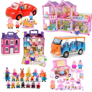 

Peppa Pig George Family Set Cartoon Dolls Real Scene Model Amusement Park House PVC Action Characters Birthday Pig Toys