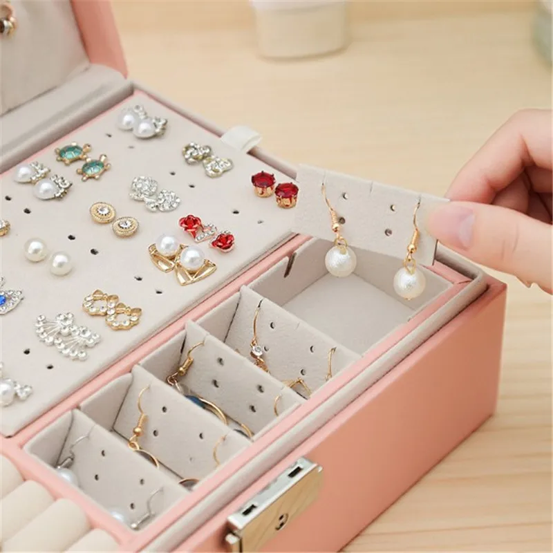 WE New Double-Layer High Capacity Leather Jewellery Box Ear Stud Earrings Ornament Storage Box Multi-Function Large Jewelry Box WE New Double-Layer High Capacity Leather Jewellery Box Ear Stud Earrings Ornament Storage Box Multi-Function Large Jewelry Box