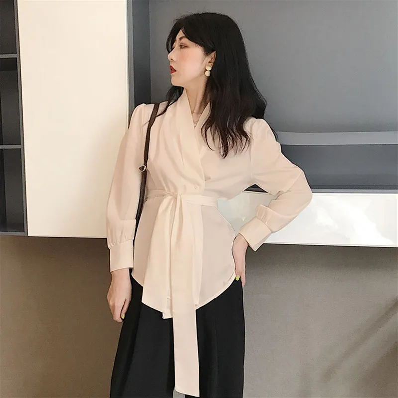 OCEANLOVE, женские офисные повязки, Blusas Mujer, элегантные однотонные Женские топы и блузки с v-образным вырезом, весна-осень, модная рубашка 13526