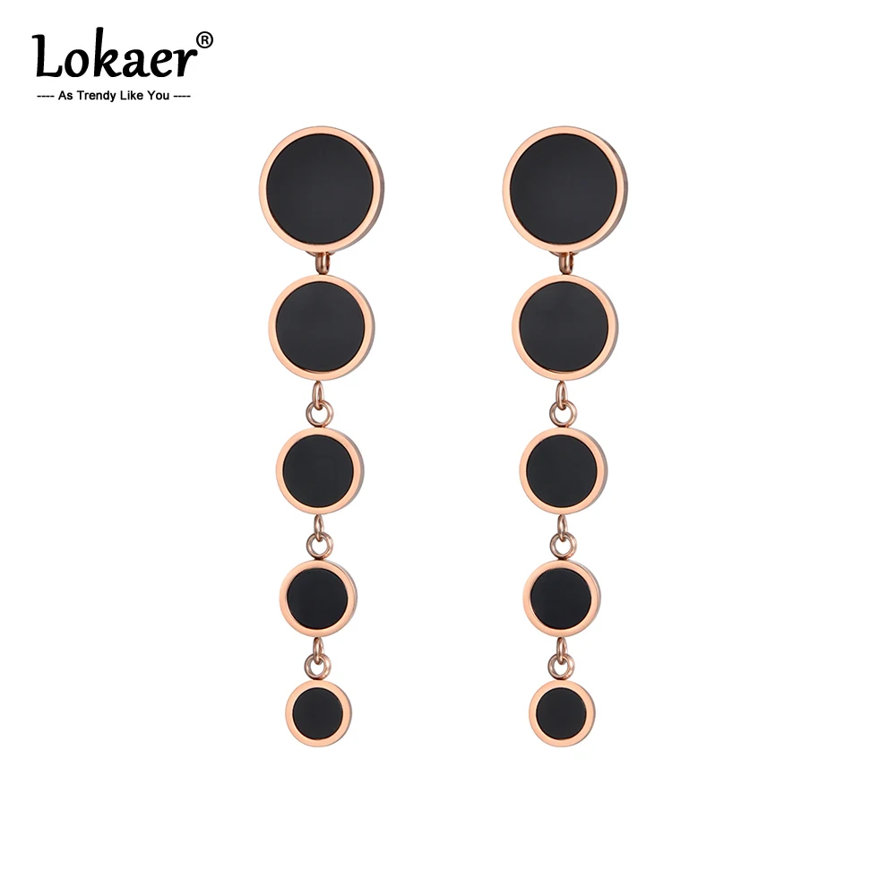 Lokaer серьги из нержавеющей стали 5 черных дисков гвоздики розовое золото