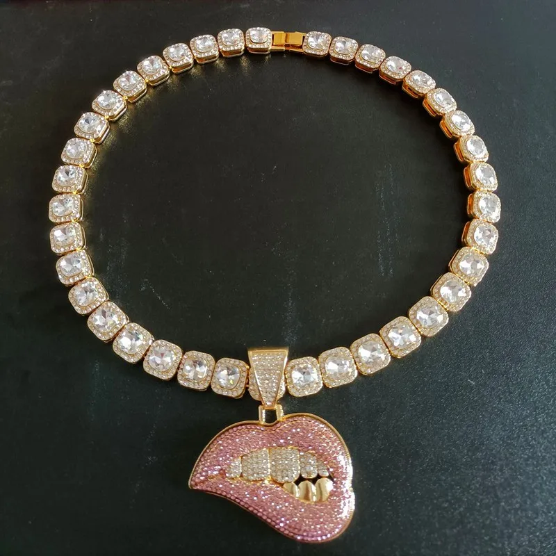 Tone Color Micro Pave Pink Cubic Zirconia Drip Lip Pendant Necklace Iced Out Bling 13mm Square Cz Tennis Chain Hip Hop | Украшения и