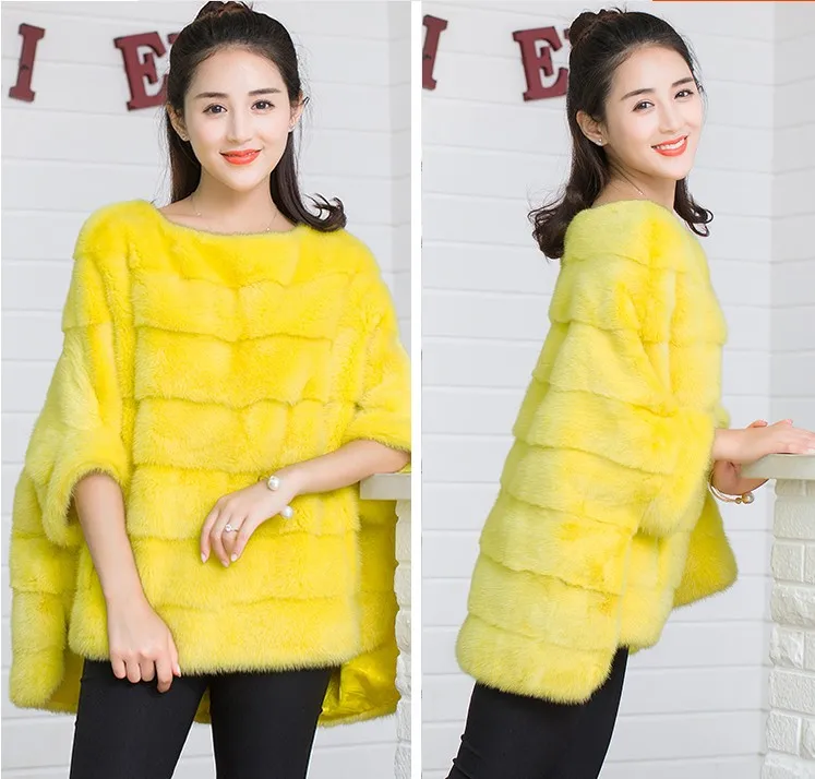 yellow Натуральная норка шуба женская зимняя норковая шаль Короткий плащ свободный размер с круглым вырезом норковая шуба женская шуба из натурального меха - Цвет: yellow
