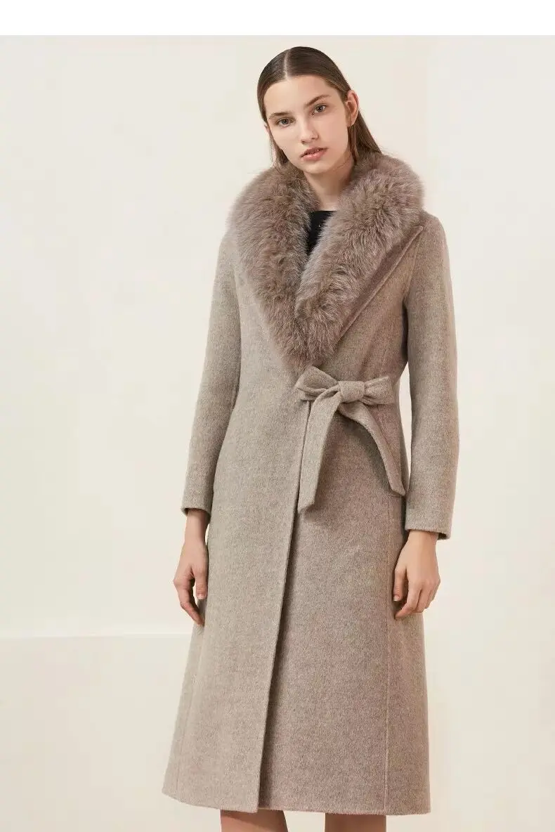 Шерстяное пальто с мехом, Женское пальто зима, женское длинное пальто с воротником из лисьего меха, осенняя женская одежда
