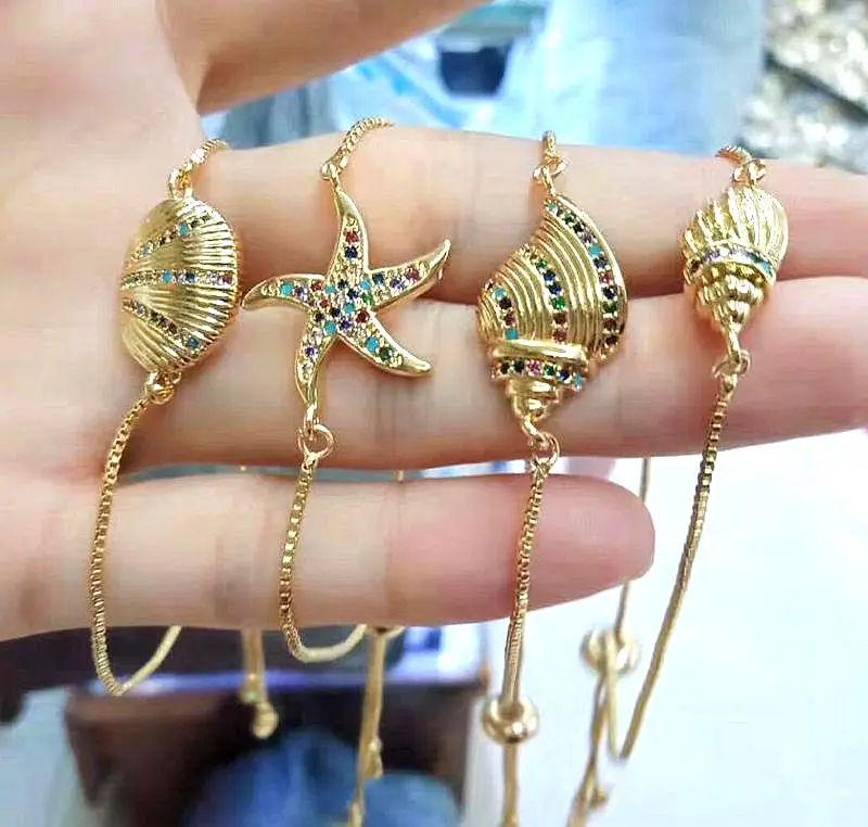 

10PCS, Fashion Gold Filled Rainbow Cubic Zirconia CZ Micro Pave Sea Shell / Starfish Connector Bracelets