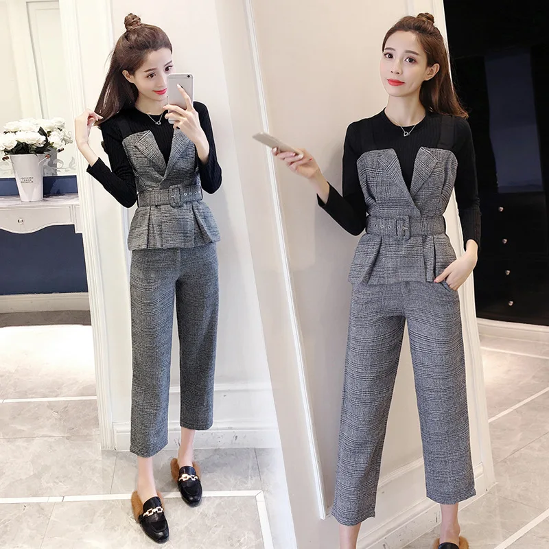 

WOMEN'S Suit New Style Fashion Plaid Short Tops Capri Loose Pants CHIC Three-piece Set