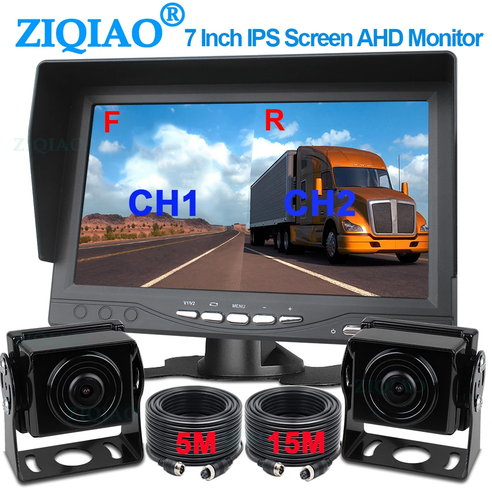 

ZIQIAO 7 Inch DVR SD Recorder AHD 2 Split Screen 2CH Monitor Dual Camera Parking Monitor System for Bus Truck RV Harvester