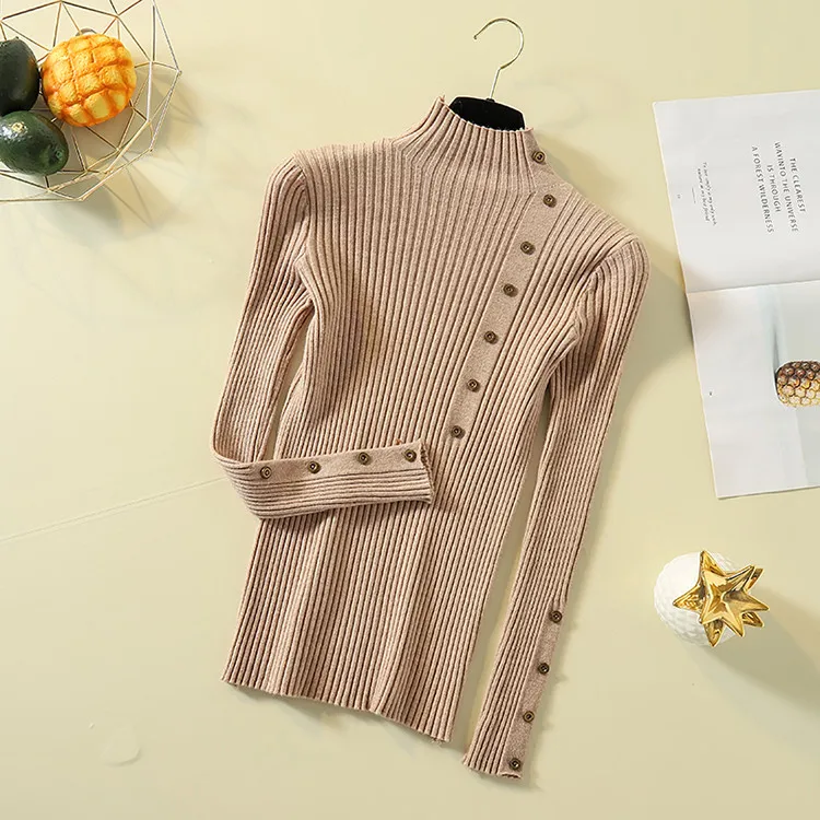 Fashion Turtleneck Sweater Women Long Sleeve Button Decoration Slim Women Pullover Sweater 2019 Autumn Winter Female Jumpers (39)