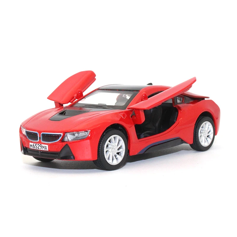 

1:43 BM i8 Sports car Toy model car Metal material car model Open the door Pull back Collection decoration kids toys
