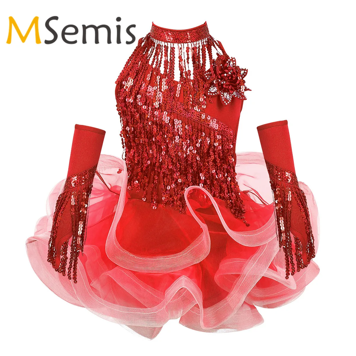 

Kids Girls Sparkling Sequins BalletTutu Dress with Shorts and Arm Sleeves Latin Dancewear Rumba Samba Salsa Ballroom Costume Set