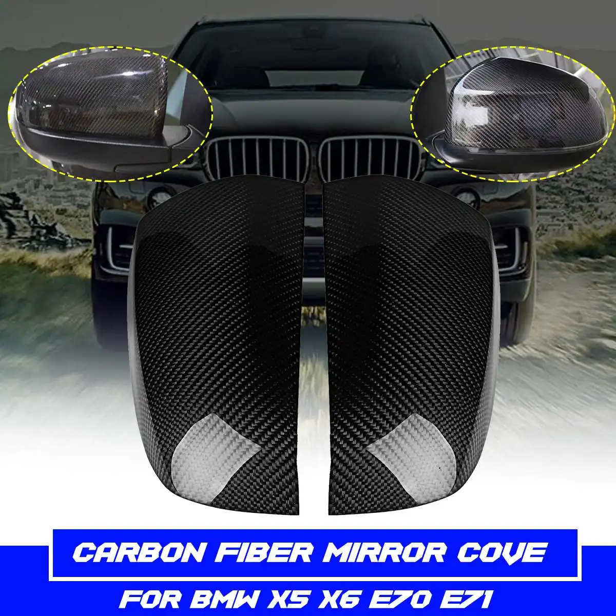 

2Pcs Carbon Fiber Rear Door Side Wing Mirror Black Covers Cover Caps For BMW X5 X6 E70 E71 Exterior Parts Replacement