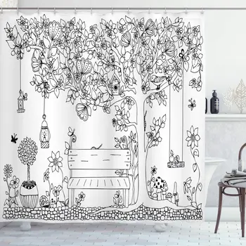 

Floral Tree with Lanterns and Swing in Garden Dream Space Illustration Fabric Bathroom Décor