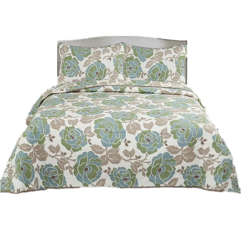 1pc Bed cover+2pcs Pillowcases Green Peonys Bedding set Green Garden style Bedspread Luxury cotton Quilt Quilting Blanket