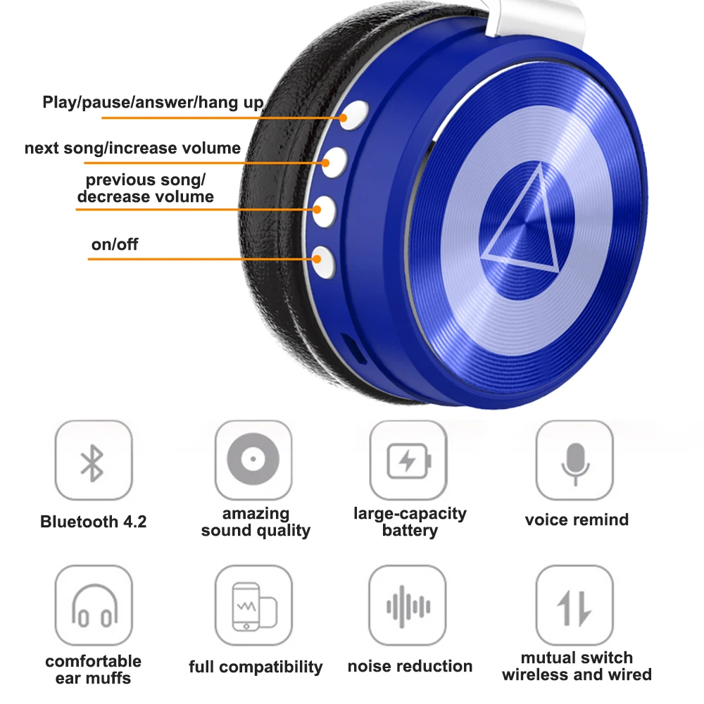 Bluetooth 5 0 Headphones with Microphone Foldable Head mounted Wireless Stereo Headphone Sport gaming Headsets support TF Card