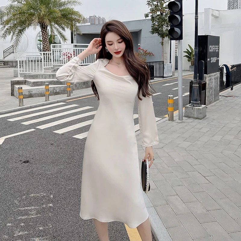 

New Elegant High Waist Solid Long Dresses For Women Spring Vintage Long Sleeve Satin Dress Lace Up Sexy Korean Style Vestidos