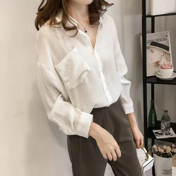 

Lady Loose Single-Turn-down Collar ChiffonSleeve Tops Women White Blouse Vintage Solid Color Shirt