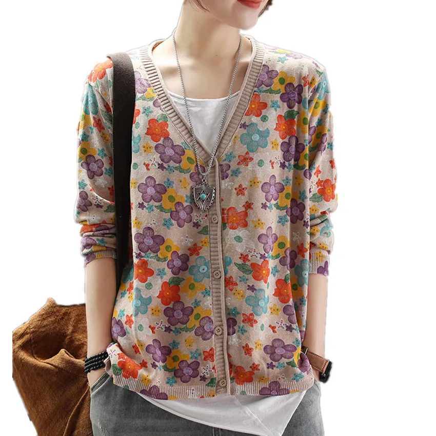 

Sweater Retro Women Large size Loose Knitting Sweater Tops Print Flower O-Neck casual Blended Female Sweater