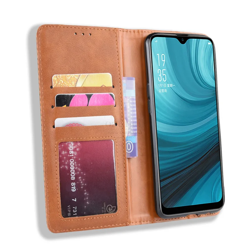 Чехол книжка для OPPO A7/A5S тонкий винтажный кожаный чехол с магнитной застежкой и