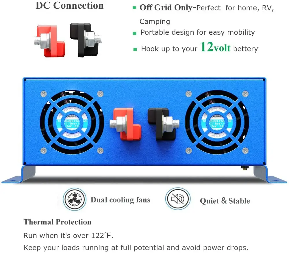 Description Picture 5 of itemPure Sine Wave Solar Inverter 3000W 24V DC to 240V AC Power Inverter Transformer 12V/36V/48V to 120V/220V/230V Remote Control
