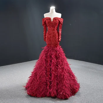 

2020 New Arrival Off Shoulder Long Sleeve Mermaid Sequined Formal Night Prom Wear Evening Dress Gown with Feathers