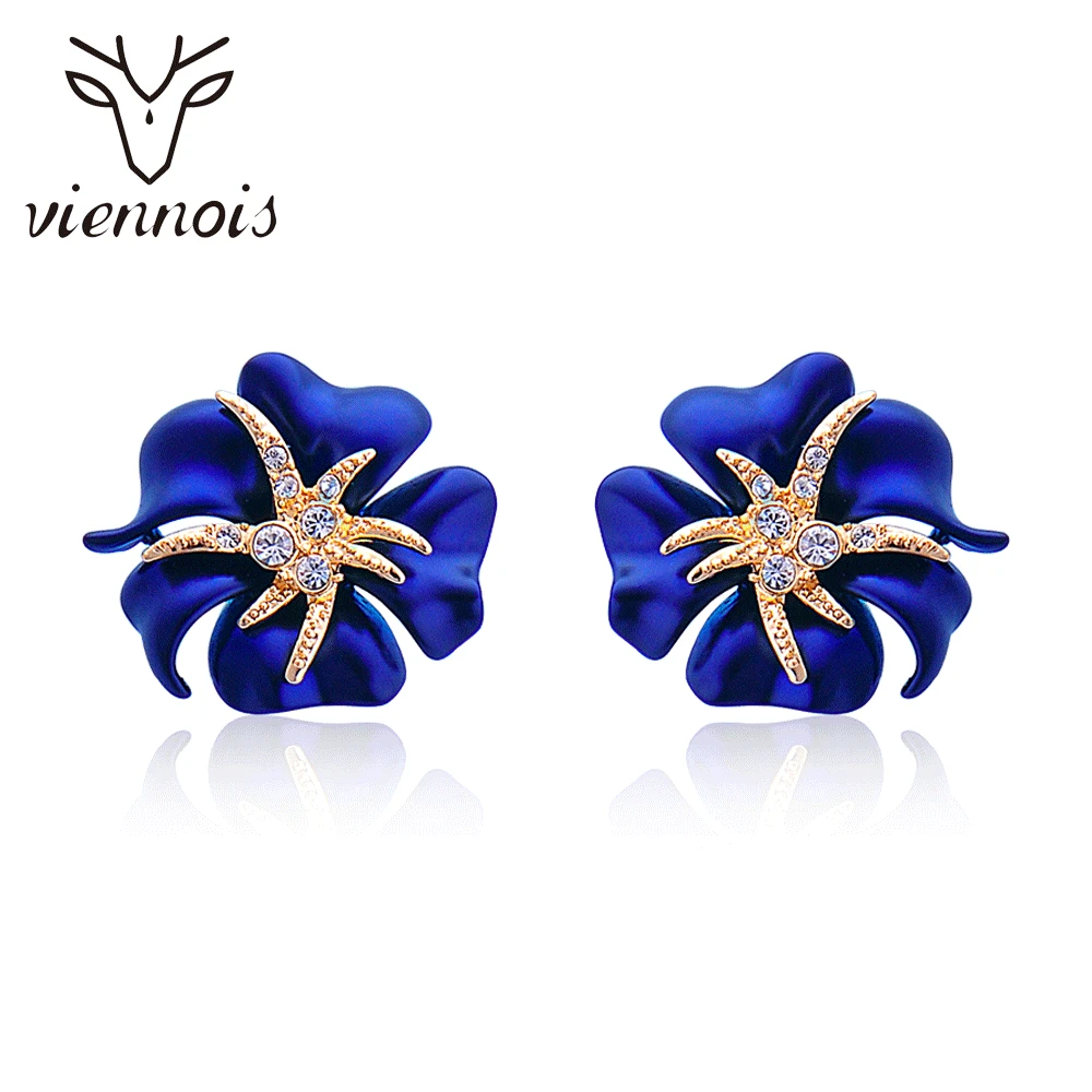 Женские серьги клипсы с цветком Viennois золотистые/красные/синие стразы|clip earrings for
