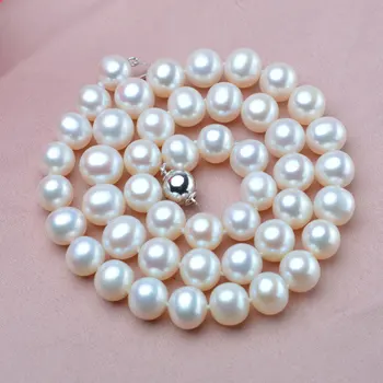 

noble women gift Jewelry Silver Clasp Fine 9-10mm Natural Freshwater Pearl Necklace white Color Real Pearl Necklace 925