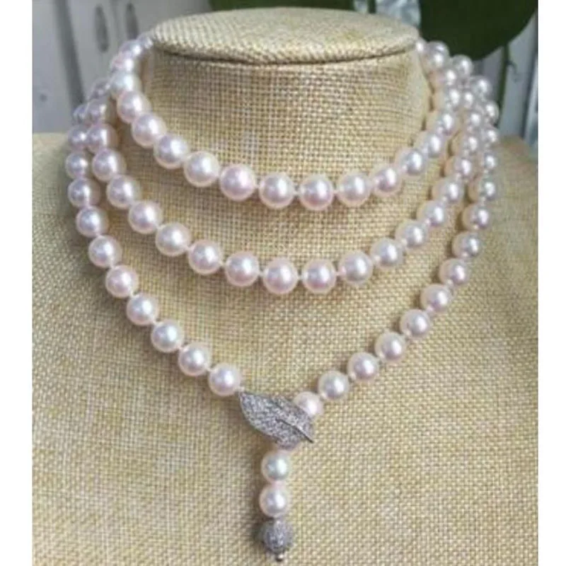 

free shipping gorgeous AAA 8.5-9mm round white pearl necklace 50inch silver jj