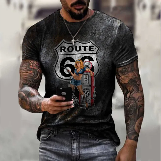 Printed T-shirt 3d Men's Short Sleeve Oversized Clothing Vintage New Summer Fashion American 66 Pattern O Collar Loose T-shirt 6 8