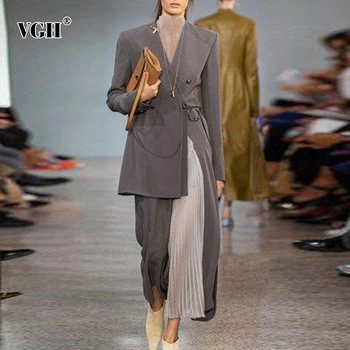 

VGH Asymmteircal Two Piece Set Lapel Collar Long Sleeve Irregular Hem Blazer High Waist Patchwork Skirt Hit Color Suits Female