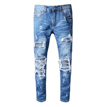 

KIOVNO High Street Men's Biker Ripped Denim Trousers Washed Motorcycle Distressed Jeans Pants For Male Washed Size 29-40