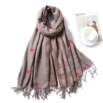 

Winter cashmere scarf plaid Red hearts print shawl thicken warm Pashmina Tassel wraps headscarf high quality Scarves Ladies 2019