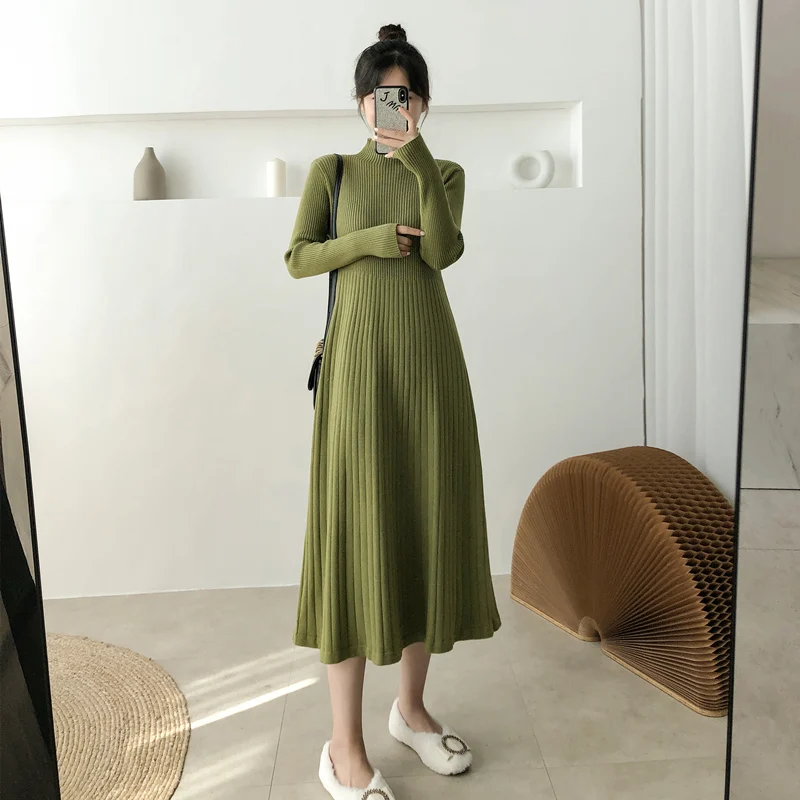 

EHQAXIN Autumn Winter New Womens Knit Dress All-Match Half-High Collar A-Shaped Long Pleated Bottoming Sweater Dress Female S-XL