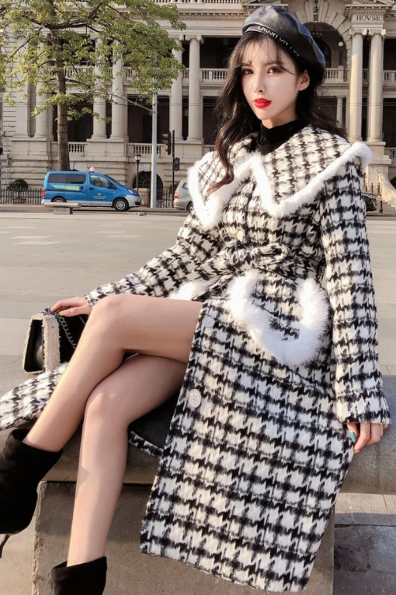Женское пальто для отдыха, верхняя одежда, зимняя клетчатая куртка, женская одежда, Модное теплое шерстяное женское элегантное шерстяное пальто