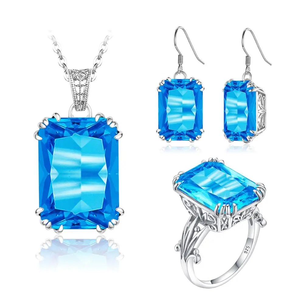 

Szjinao Silver Jewellry Set for Women 925 Sterling Silver Blue Topaz Earrings Pendant Ring Set Vintage Fine Jewelry Wedding GIft