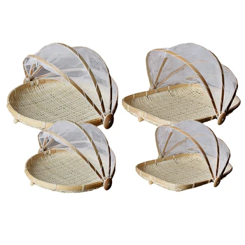 

Bamboo Food Holder Basket with Cover Prevent from Dust Storage Basket