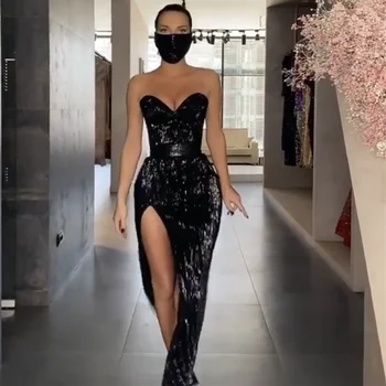 

2020 Sexy Black Off Shoulder Sleeveless Evening Dress Higth Slit Mermaid Glitter Evening Gown LE4005