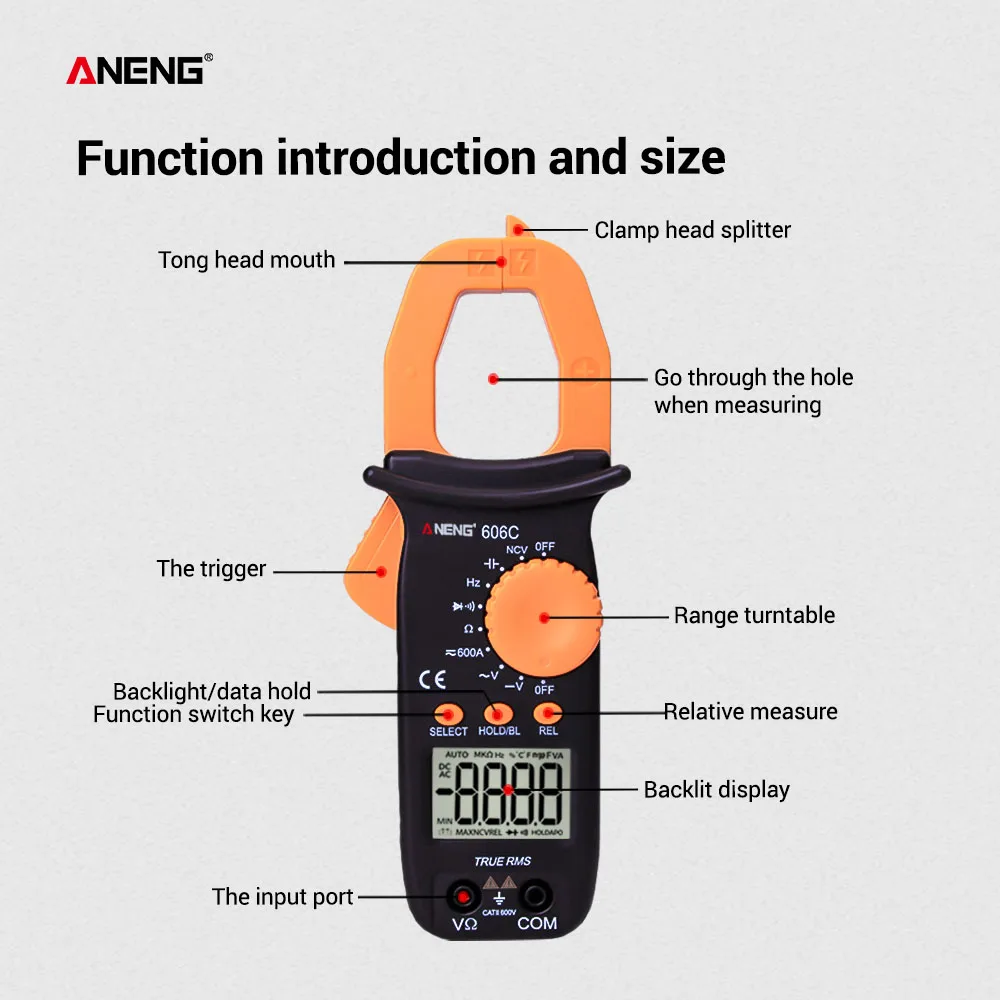 ANENG 606C цифровой клещи AC DC диод непрерывности мультиметр NCV True RMS Сопротивление Емкость Частотомер