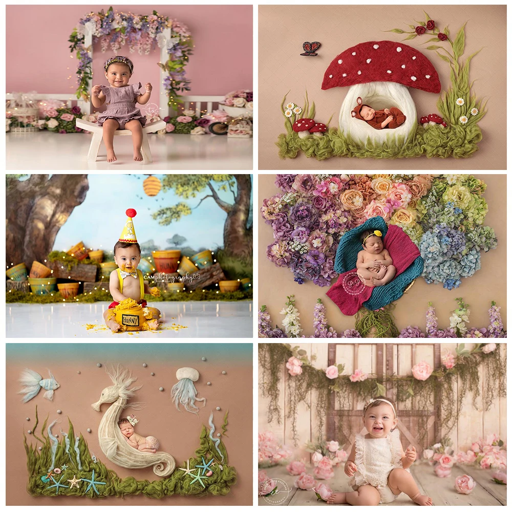 Newborn Backdrop Photography Baby Shower Spring Flower Wood Floor Birthday Party Photo Background Children Backdrops Studio photo backdrop