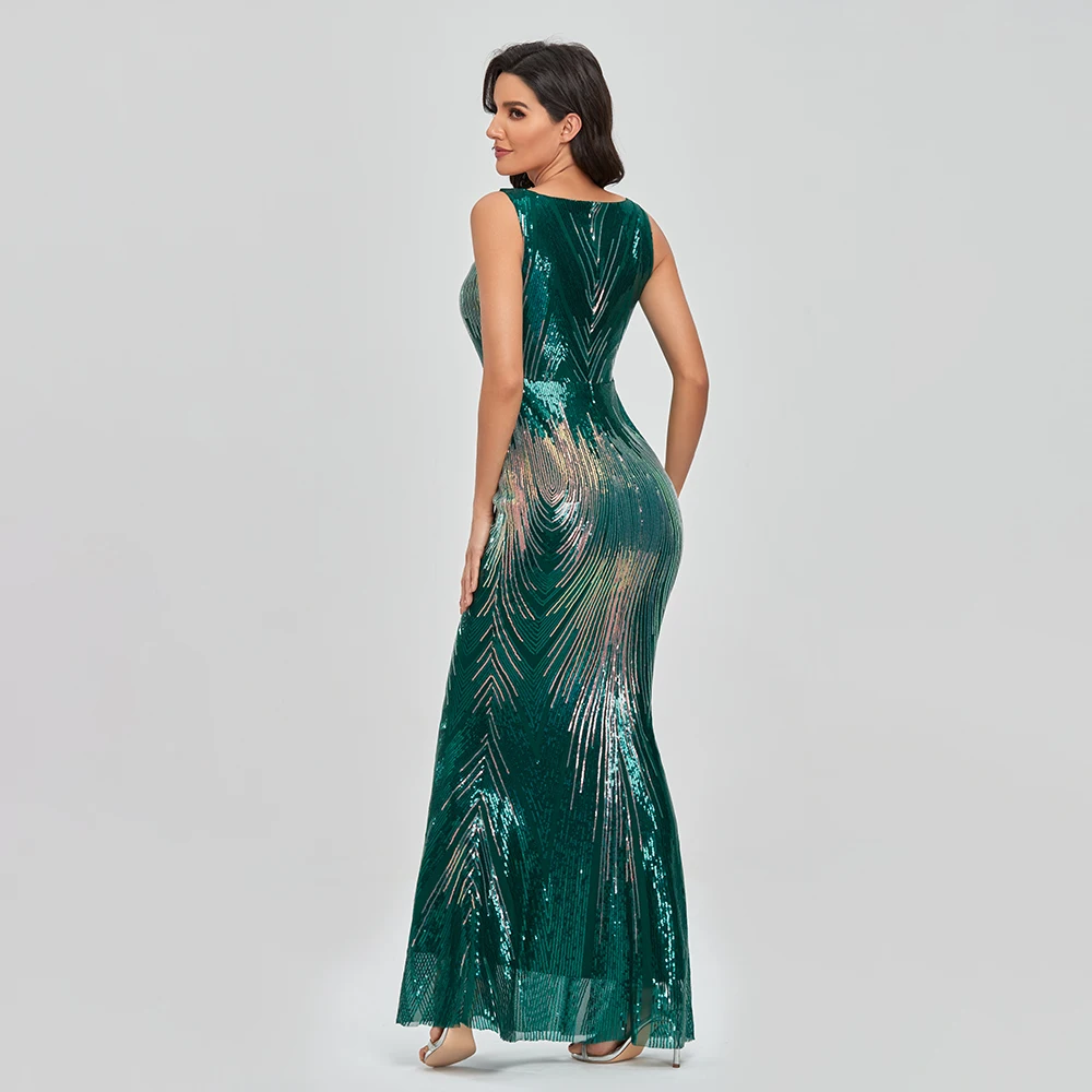 Sleeveless O-neck Evening Party Dress Shinning Sequins Mermaid Prom Gowns Elegant Slim Robe De Soriee Women Full Dress 2021 New
